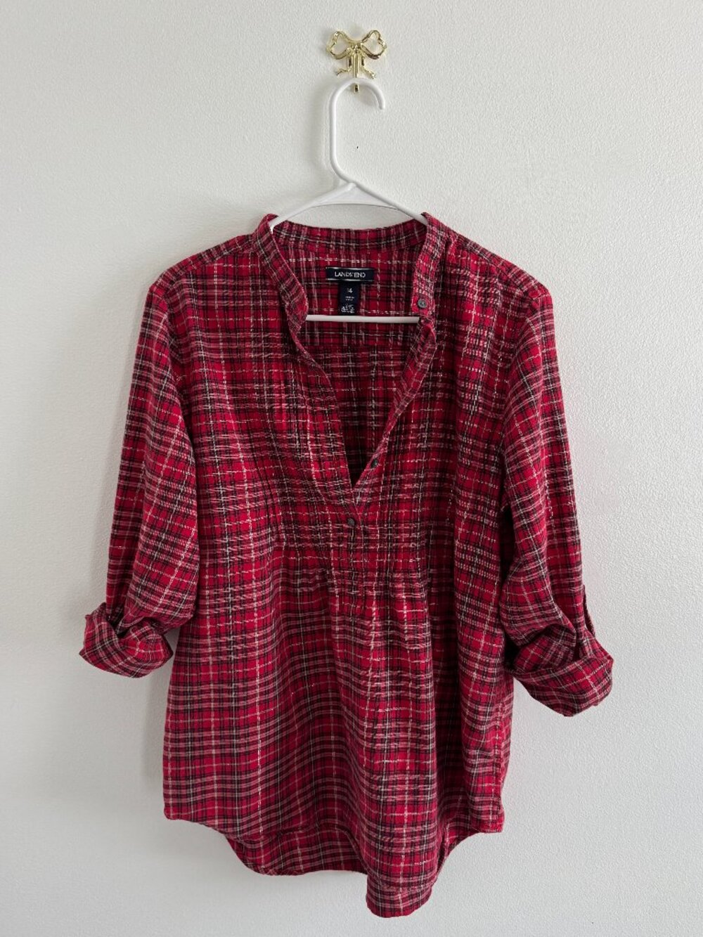 Lands' End Red Plaid Flannel Tunic Top 14